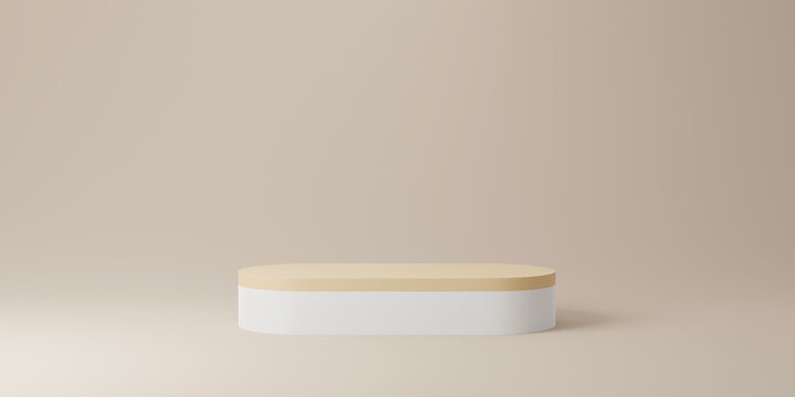 Abstract minimal scene with wooden podium in studio lighting beige background. Product presentation showcase, Mock up stage, Cosmetic product display, Podium, stage pedestal. 3d rendering