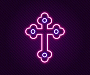 Glowing neon line Christian cross icon isolated on black background. Church cross. Colorful outline concept. Vector