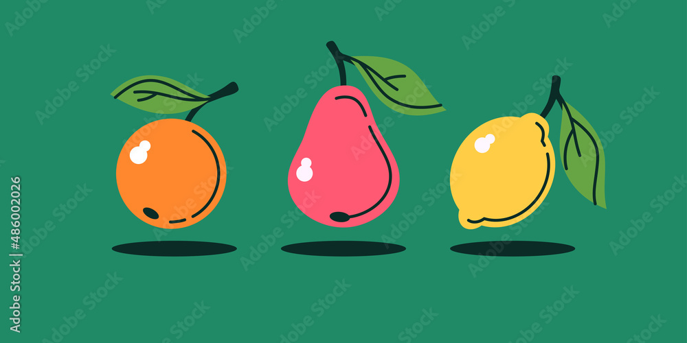 Poster the set consists of various fruits. . fruit on a branch with leaves. isolated images on a light back