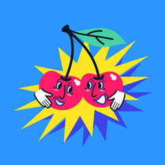 Cute cherries in cartoon style. Funny cartoon characters are smiling. Flat vector graphics in a popular style.