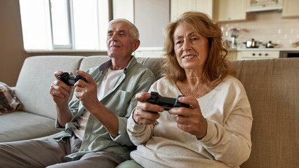 Mature couple playing video game with joysticks