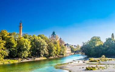 View on summer landscape day at Isar river in Munich