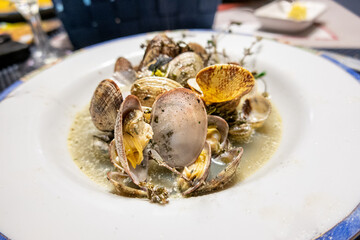 Close up of cooked clams in plate