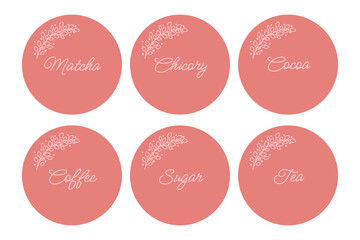 Cardboard food labels or stickers. It can be used for marking kitchen food containers. Labels, stickers, craft decals, floral frame and drinks name in English.