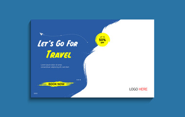 Travel company social media banner template in blue color. Travelling business offer promotion post design with logo. Online digital marketing flyer for summer holiday tour advertisement.