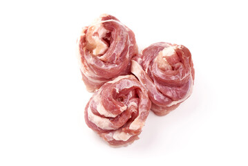 Fresh meat rolls, wrapped meat, isolated on white background.