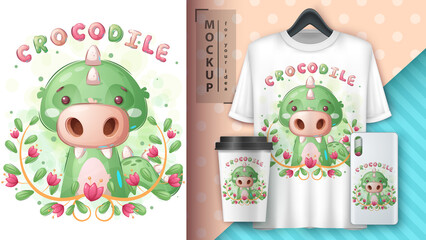 Crocodile in flower poster and merchandising.