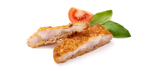 Homemade breaded pork schnitzel, close-up, isolated on white background.