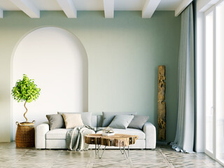 Modern beautiful interior of the room with light walls, large windows and stylish furniture. Bright design in Scandinavian style. 3D rendering