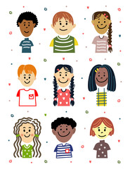 Funny children smile. Different gender and nationality. Cute vector illustration.