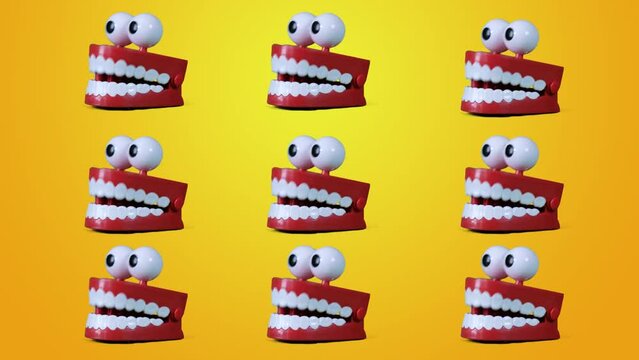 Funny Toy Teeth Jaw collage, Contemporary Art. Multiple chattering teeth toy moving on yellow background.