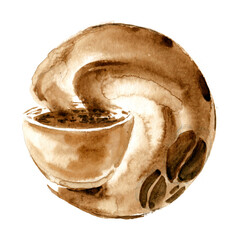 Abstract brown coffee planet with cup, vapour and beans around it for design. Hand drawn coffee on paper textures. Coffeedrawn collection