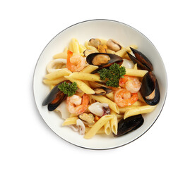 Delicious pasta with sea food isolated on white, top view