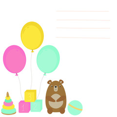 Vector illustration. Baby postcard. Set of baby's toys. Congratulation. Baby shower invitation