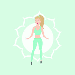 Naklejka na ściany i meble Yoga cartoon character. Attractive young athletic blonde girl. Healthy girl. Lotus flower background. Vector illustration