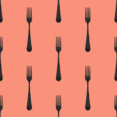 Seamless pattern. Fork top view on pastel red background. Template for applying to surface. Flat lay. 3D image. 3D rendering.