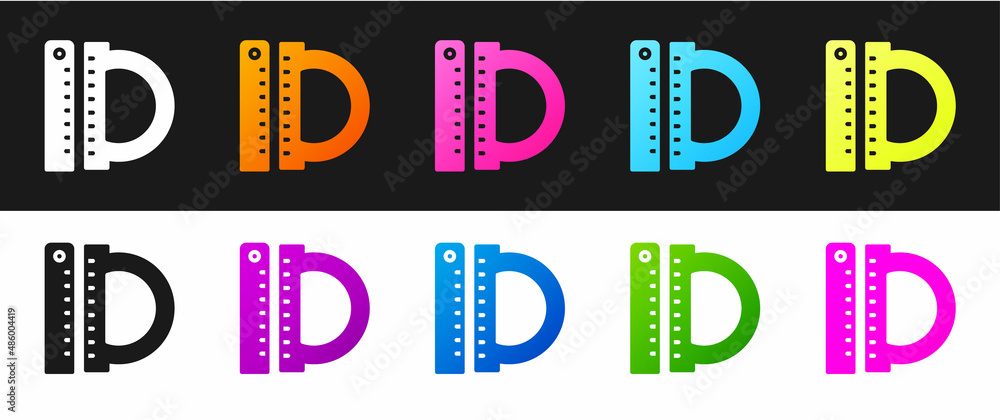 Poster set protractor grid for measuring degrees icon isolated on black and white background. tilt angle me