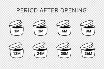 Period after open icons isolated on transparent background. PAO symbols. Round box with cap opened. Expiration period in months signs for cosmetic packaging. Vector illustration