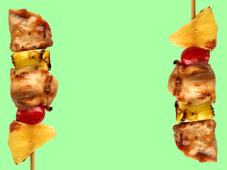 Thai street food fried skewer of pork and sauce with vegetables isolated on pastel color background and copy space for text concept for article and website and menu.