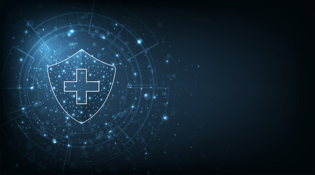Futuristic medical healthcare shield background.Protection concept with glowing low poly shield on dark blue background.