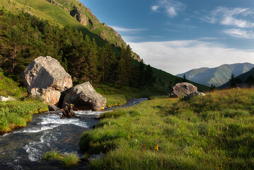 High-mountain meadow with green herbs and clear river water in the mountains of Karachay-Cherkessia
