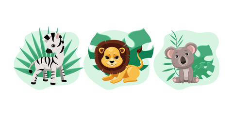 Cute lion, koala bear and zebra cartoon illustration set. Adorable jungle baby animal characters with green leaves sitting and standing on white background. Wildlife, safari, zoo concept
