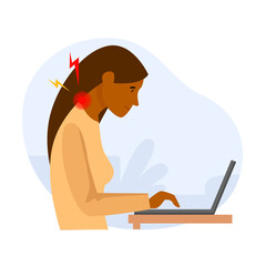 Wrong posture while working on a computer, girl