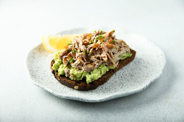 Homemade avocado toast with duck