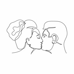 Continuous one simple single abstract line drawing of happy kissing woman and husband icon in silhouette on a white background. Linear stylized.