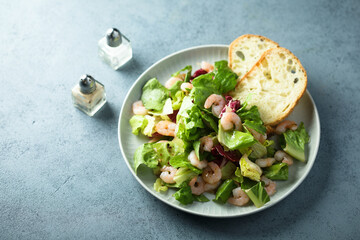 Healthy green salad with shrimps