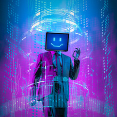 Businessman monitor head smiley media concept - 3D illustration of smartly dressed male robot with smiling computer display face showing ok hand gesture