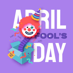 April Fools Day with Clown Character in paper cut style. April 1 party. Present joke box. Fools' Day Poster. Funny spring holiday.