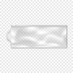 Clear plastic bag with zip lock and hanging slot on transparent background, realistic vector mockup. Empty zipper pvc vinyl package, mock-up