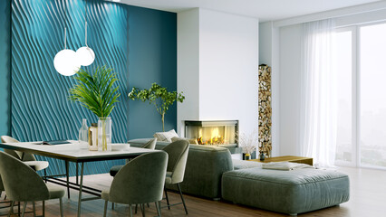 Modern beautiful interior of the room with light walls, large windows and stylish furniture. Bright design in Scandinavian style. 3D rendering