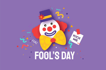 April Fools Day with Clown Character in paper cut style. April 1 party. Present joke box. Fools' Day Poster. Funny spring holiday.