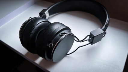 Fototapeta na wymiar Modern black wireless headphones lay on white table. Close-up dj tool.
