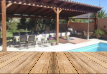 Wooden board empty table blurred background modern summer house gazebo terrace