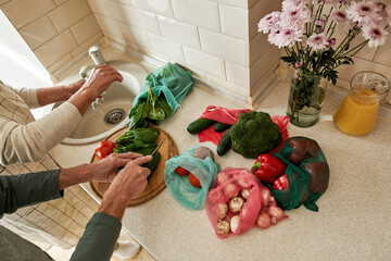 Partial image of elderly couple cooking salad