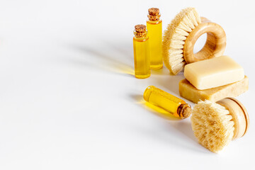 Set of bathing accessories and products with shower sponge and pumice