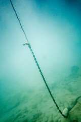 Buoy rope tied to chain underwater in sea