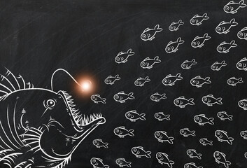 Anglerfish chalk drawing on chalk board background illustration, chalk drawing Business and strategy concept on blackboard.