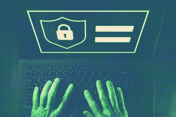 Hacker tried to scam credit card with digital interface laptop computer. Internet data security crime concept.