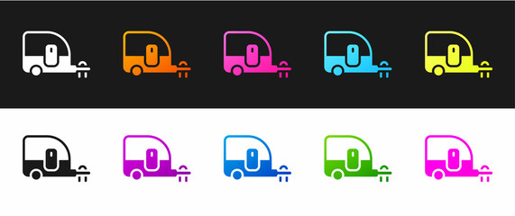 Set Rv Camping trailer icon isolated on black and white background. Travel mobile home, caravan, home camper for travel. Vector