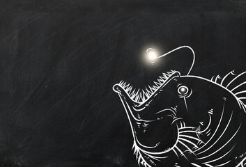Anglerfish chalk drawing on chalk board background illustration, chalk drawing Business and strategy concept on blackboard.