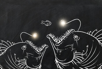 Anglerfish chalk drawing on chalk board background illustration, chalk drawing Business and strategy concept on blackboard.