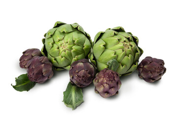 Artichokes isolated on a gray background. Top view. Copy space.