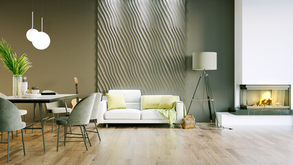 Modern beautiful interior of the room with light walls, large windows and stylish furniture. Bright design in Scandinavian style. 3D rendering