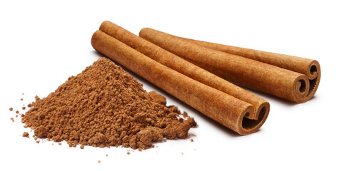 Two cinnamon sticks and powder, isolated on white background