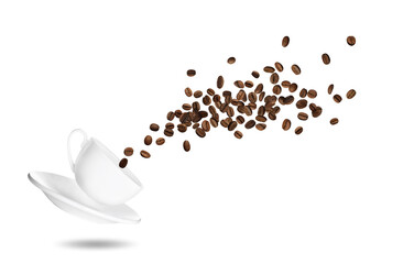 Cup and aromatic roasted coffee beans flying on white background