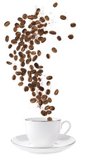 Aromatic roasted coffee beans falling into cup on white background